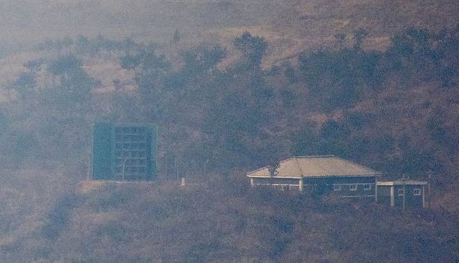 North Korea's loudspeakers to South Korea are seen from Paju, Gyeonggi, on Feb. 16. [YONHAP]