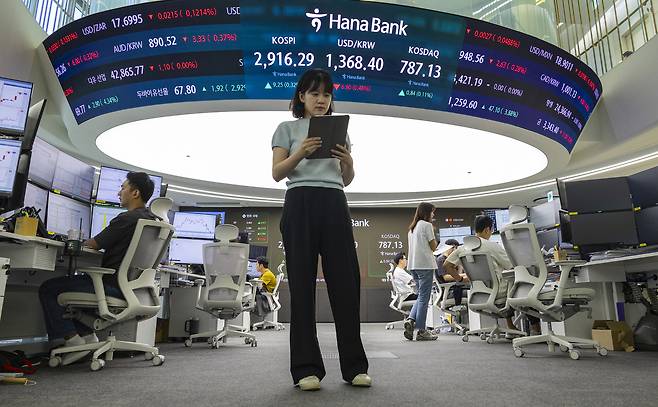 12일 오전 서울 중구 하나은행 본점 딜링룸의 전광판에 이날 거래를 시작한 코스피, 코스닥지수, 원/달러 환율이 표시돼 있다. [연합]