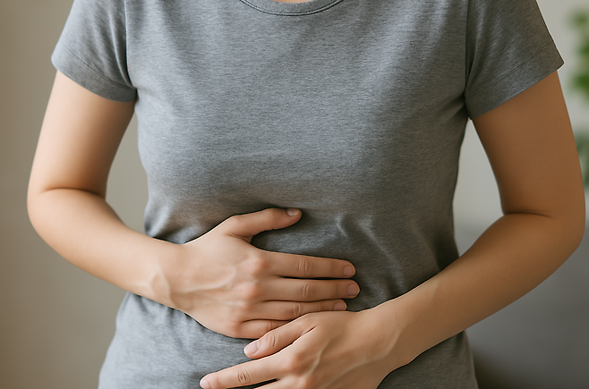 배를 부여 잡고 있는 손