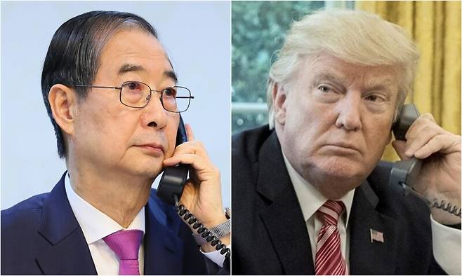 한덕수 전 국무총리와 도널드 트럼프 미국 대통령. 한겨레 자료사진