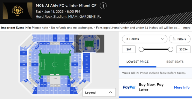 2025 클럽월드컵 개막전 티켓 가격 현황. FIFA 홈페이지 캡처 화면