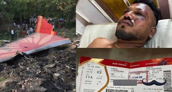 인도 서부 아메다바드 공항 인근 에어인디아 여객기 추락 사고 현장​(왼쪽)과 에어인디아 AI171편 여객기 추락 사고의 유일한 생존자인 비쉬와시 쿠마르 라메시(38)./사진=연합뉴스, 웨이보 캡처