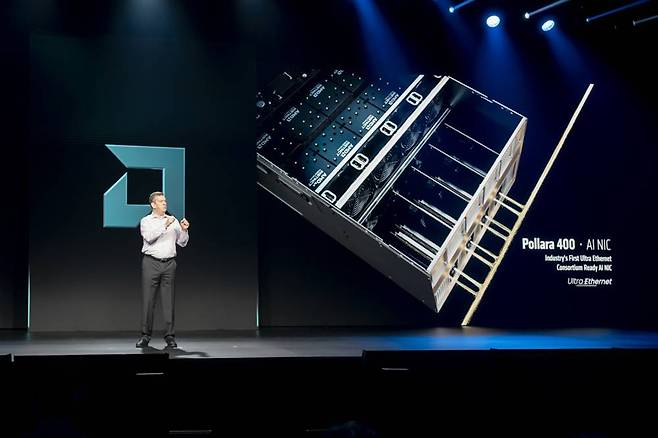 포레스트 노로드(Forrest Norrod) AMD 데이터 설루션 그룹 수석부사장이 폴라라 400 AI NIC 카드를 소개 중이다 / 출처=IT동아