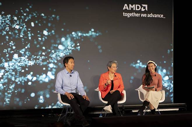 좌측부터 앤드류 응(Andrew Ng) 스탠퍼드 대 교수, 리사 수 AMD 최고경영자, 샤론 주(Sharon Zhou) AMD AI 부사장 / 출처=IT동아