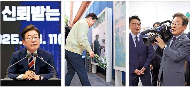 < 李, 집권초 키워드 ‘경제·민생·소통’  > 이재명 대통령이 13일 취임 열흘을 맞는다. 당선과 동시에 임기를 시작한 이 대통령은 지난 11일 서울 여의도 한국거래소를 찾아 주식시장 불공정 거래 근절을 위한 간담회를 했고(왼쪽 사진), 12일에는 이태원동 10·29 참사 현장에서 헌화했다(가운데 사진). 이 대통령은 이날 대통령실 영상기자실을 방문해 카메라를 들어보는 등 언론과 소통 행보도 이어가고 있다.  /김범준 기자·연합뉴스