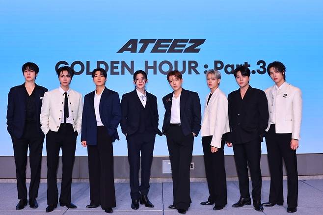 Ateez pose for a photo during a press conference in Mapo-gu, Seoul, Thursday. (KQ Entertainment)