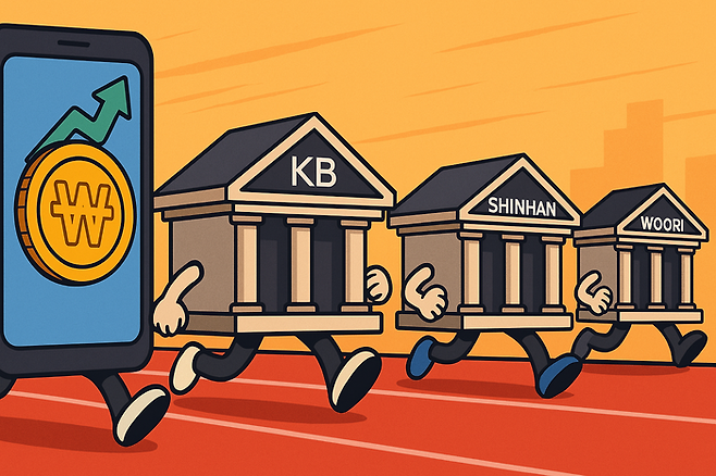 은행들이 원화 스테이블코인 시장 경쟁을 벌이는 장면을 다이내믹한 러닝 레이스 형식으로 표현한 이미지 <ChatGPT로 제작>