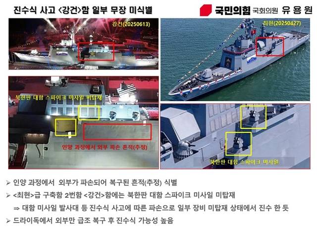 인양 과정에서 외부가 파손된 흔적과 최현함에 있던 북한판 대함 스파이크 미사일이 미탑재된 상태의 강건함 모습. 유용원 의원실 제공