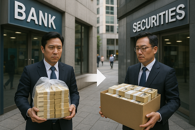 지난해 10월 ‘퇴직연금 실물이전’ 제도 도입 이후 약 반년 동안 총 3조8000억원이 넘는 퇴직연금이 이전된 것으로 파악됐다. 은행에서 9389억원이 순유출됐고, 증권사에 9103억원이 순유입됐다. [챗GPT를 사용해 제작]