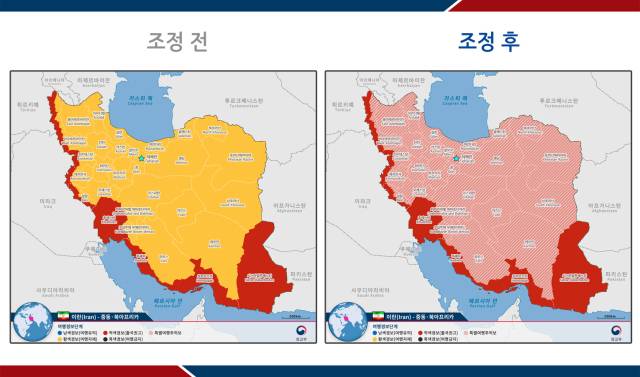 ▲ 외교부가 이란에 대한 여행 경보를 격상시켰다. 왼쪽 노란색 지역이 기존 여행경보 2단계에 해당하는데 이 지역 모두가 2.5단계로 격상되면서 오른쪽 빨간 빗금으로 바뀌었다. 사진에 나온 빨간색 지역은 3단계 여행ㅇ경보가 발령된 곳으로, 이 경보는 그대로 유지된다. ⓒ외교부