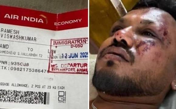 12일(현지시간) 오후 1시 39분쯤 242명을 태운 에어인디아 AI1717편 여객기가 인도 서부 구자라트주 ‘사르다르 발라브바이 파텔 국제공항’에서 이륙 직후 공항 경계선 밖 메가니나가르 주거지에 추락해 탑승자 전원이 사망한 것으로 알려진 가운데, 현지 경찰이 사고 현장에서 생존자 2명을 발견했다고 밝혔다. 인디아투데이에 따르면 경찰 관계자는 “추락한 에어인디아 항공편 승객 중 1명인 라메쉬 비슈와스쿠마르 부하르바디가 기적적으로 생존했다. 11A 좌석에서 그를 발견해 병원으로 옮겼다”라고 설명했다. 사진은 사고 현장에서 걸어나온 것으로 알려진 생존자. 2025.6.12 인디아투데이