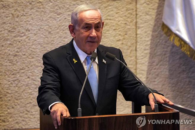 의회에서 발언하는 베냐민 네타냐후 이스라엘 총리 [AFP 연합뉴스 자료사진. 재판매 및 DB 금지]