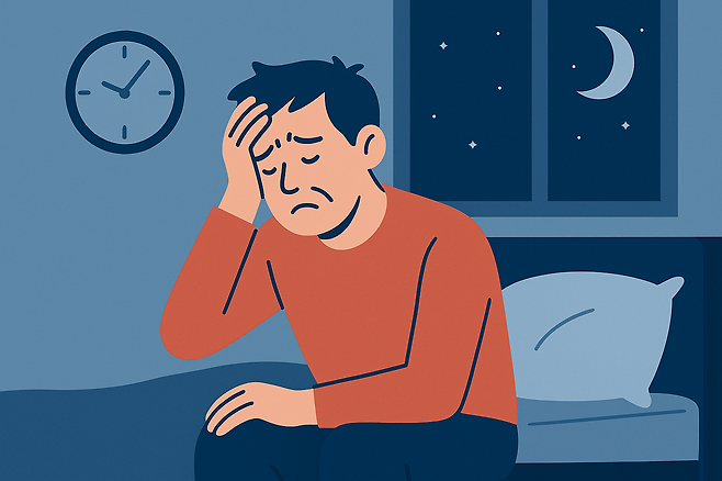 이마에 손을 얹고 침대에 앉아있는 남성 그림