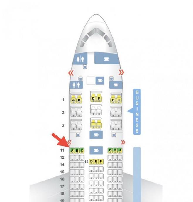 사고 비행기종(보잉 787-8 드림라이너)의 좌석 배치도. 시트구루