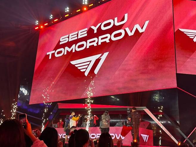 T1이 14일 부산 사직실내체육관에서 열린 LCK MSI 대표 선발전 4라운드에서 KT를 상대로 3대 1로 승리했다. ⓒ데일리안 황지현 기자