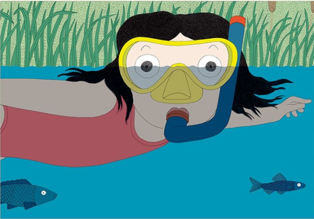 그림책 '노오올라운 카누 대회'에서 소피아는 선물받은 스노클링 마스크를 써보고 싶어 강에 들어가서 카누 대회를 보게 된다. 노란돼지 제공