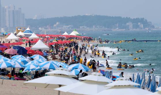 지난해 8월 강원 강릉시 경포해수욕장을 찾은 피서객들이 물놀이를 즐기며 무더위를 식히고 있다. [연합뉴스]