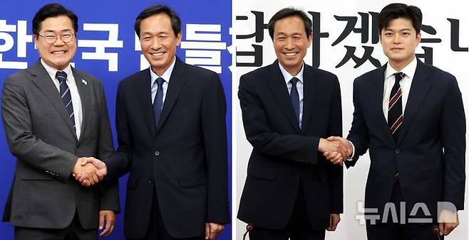 [서울=뉴시스] 조성봉 기자= 우상호 대통령실 정무수석이 10일 오후 서울 여의도 국회에서 박찬대 더불어민주당 당대표 직무대행 겸 원내대표와 김용태(오른쪽 사진) 국민의힘 비상대책위원장을 각각 예방하며 악수를 하고고 있다. 2025.06.10. suncho21@newsis.com