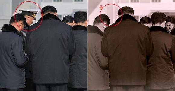 북한 조선중앙TV가 지난 13일 방영한 구축함 ‘강건호’ 진수기념식 영상에서 김정은 국무위원장의 지난 3월 함선건조사업 현지시찰 사진을 재공개하면서 당초 김 위원장과 함께 있던 김명식 전 해군사령관을 완전히 삭제한 채 편집해 내보냈다. 조선중앙TV=연합뉴스