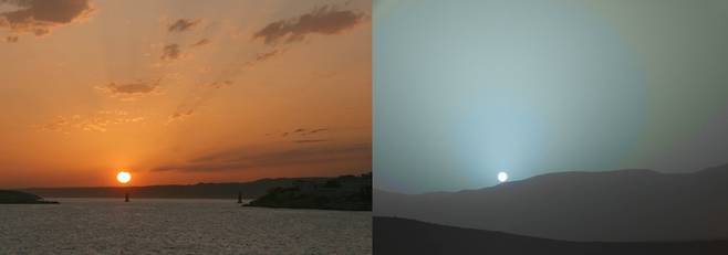 (오른쪽부터) 화성과 지구에서 바라보는 일몰 사진. 태양은 지구보다 화성에서 다소 작게 느껴진다. 태양과 화성 거리가 지구보다 멀기 때문이다. /Damia Bouic, NASA