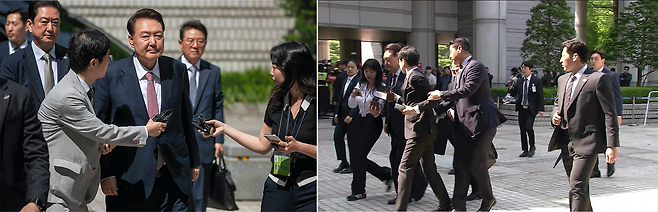 이번 6차 공판 때 포토라인에서 질문받은 윤 전 대통령(왼쪽), 지난달 12일 3차 공판 때 입장하는 윤 전 대통령(오른쪽)