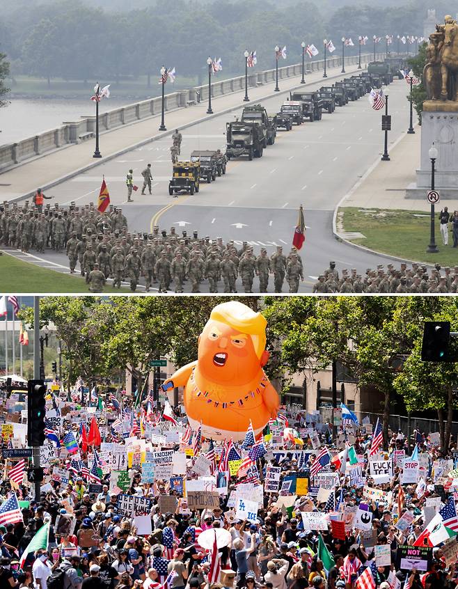 트럼프 79번째 생일날…한 국가 두 장면 미국 군인들이 육군 창설 250주년인 14일(현지시간) 워싱턴에서 열린 열병식에서 행진하고 있다(위쪽 사진). 같은 날 로스앤젤레스에서는 시민들이 도널드 트럼프 대통령에게 반대하는 ‘노 킹스(미국에 왕은 없다)’ 시위를 하고 있다. EPA·AP연합뉴스