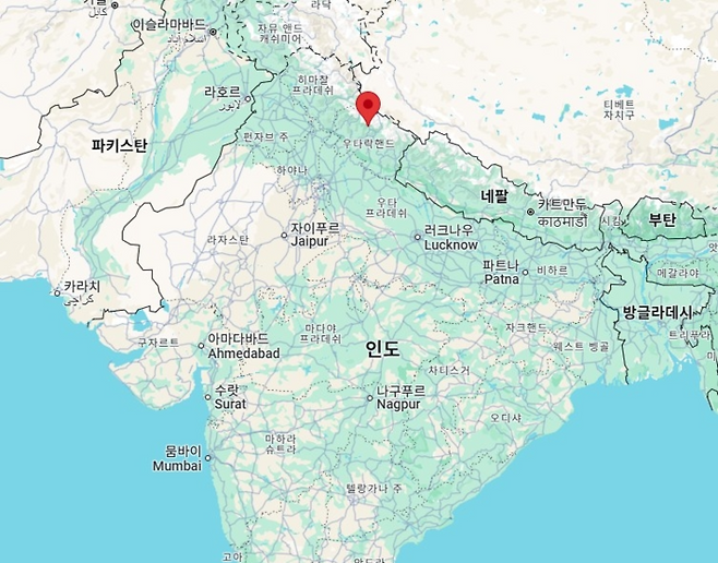 6명 탄 헬기 추락한 인도 북부 우타라칸드주 가우리쿤드 지역.  [구글 지도 캡처]