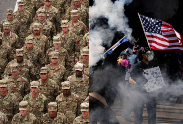 14일 미국 워싱턴DC에서 열린 미 육군 창설 250주년 기념 열병식(왼쪽)·로스앤젤레스(LA)에서 열린 트럼프 행정부에 반대하는 '노 킹스' 시위(오른쪽). 연합뉴스