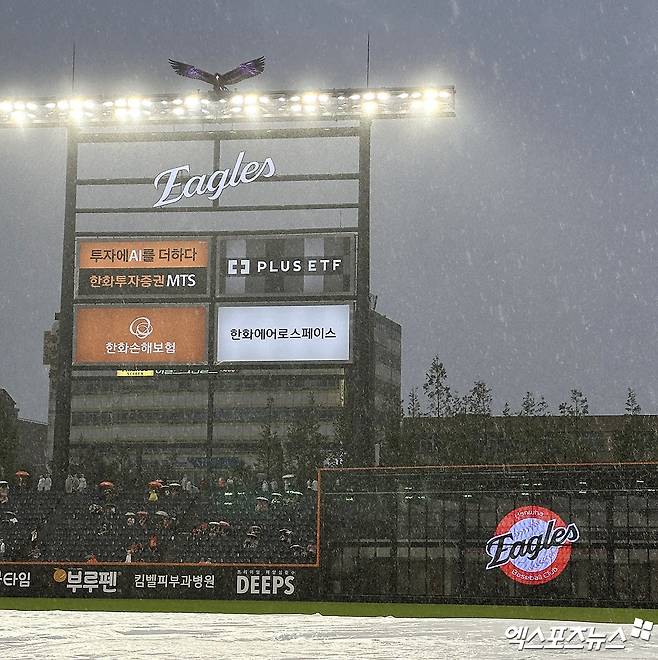 15일 오후 대전 한화생명 볼파크에서 열린 '2025 신한 SOL Bank KBO리그' LG 트윈스와 한화 이글스의 경기, 5회말 1사 2루 한화 채은성 타석때 갑작스럽게 비가 내리며 우천 중단되었다. 대전, 김한준 기자