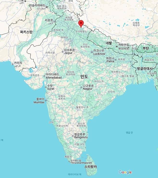 6명 탄 헬기 추락한 인도 북부 우타라칸드주 가우리쿤드 지역 [구글 지도 캡처. 재판매 및 DB 금지]