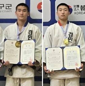 16일 강원 양구문화체육회관에서 열린 제96회 YMCA 전국유도대회서 우승한 의정부 경민고의 조연우(왼쪽)·김승기. 사진=경민고등학교