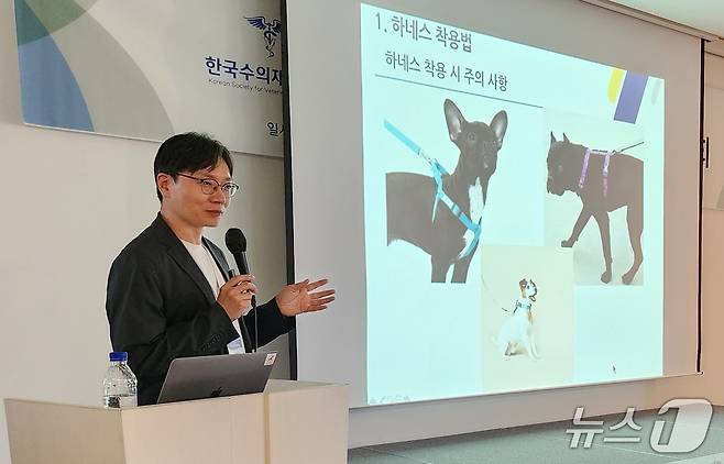 김석중 24시센트럴동물메디컬센터 원장이 2025 제1차 한국수의재활학회 학술대회에서 반려견의 하네스(가슴줄) 형태에 따른 주의사항을 설명하고 있다. ⓒ 뉴스1 한송아 기자