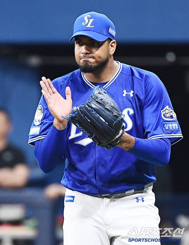 22일 서울 고척스카이돔에서 열린 삼성-키움전. 5회말 키움 타선을 삼자범퇴로 막은 레예스가 기뻐하고 있다. 고척=정재근 기자 cjg@sportschosun.com/2025.5.22/