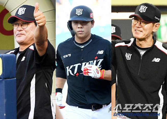 KT 위즈 유니폼을 입고 4번 타자로 출전한 경기에서 이정훈이 투런포를 터뜨리자 더그아웃에 있던 이강철 감독과 이종범 코치가 더 기뻐했다. 대구=박재만 기자 pjm@sportschosun.com