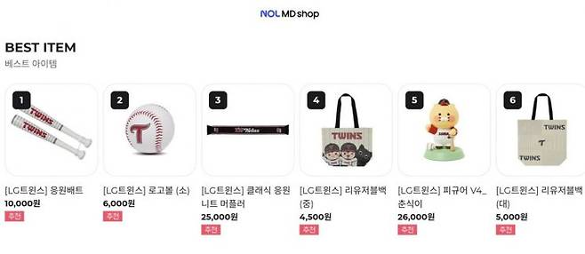 온라인 '놀 MD 샵'에서 판매중인 LG트윈스의 굿즈 상품.