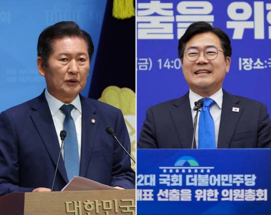 왼쪽부터 더불어민주당 당대표 출마를 선언한 정청래 전 최고위원, 출마가 유력한 박찬대 전 원내대표.<연합뉴스 사진·박찬대 국회의원 페이스북 사진 갈무리>