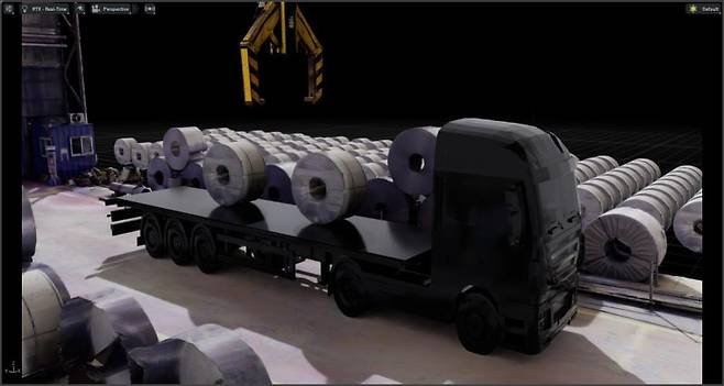 포스코DX가 아이작 심으로 구현한 포스코스틸리온 도금공장 크레인 시뮬레이션 화면.