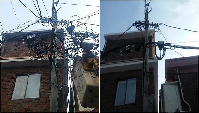 공중선을 정비하기 전(왼족)과 후의 모습. 영등포구 제공