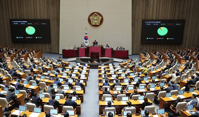 지난 1일 국회에서 열린 본회의에서 2025년도 제1회 추가경정예산안이 통과되고 있다. 연합뉴스