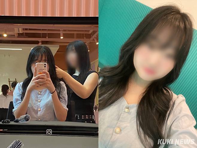 기자도 직접 스타일링을 받아 봤다. 젖은 머리 상태에서도 5분 내로 간편하게 끝낼 수 있다는 점이 특징이다. 오른쪽은 완성된 헤어 스타일링. 심하연 기자