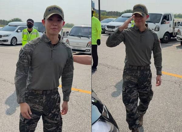 방송인 김구라의 아들 김동현의 해병대 복무 근황이 전해졌다. 사진은 방송인 김구라 아들 김동현이 해병대 행사장에서 시민들과 인사를 나누는 모습. /사진=아놀드 리 인스타그램 캡처