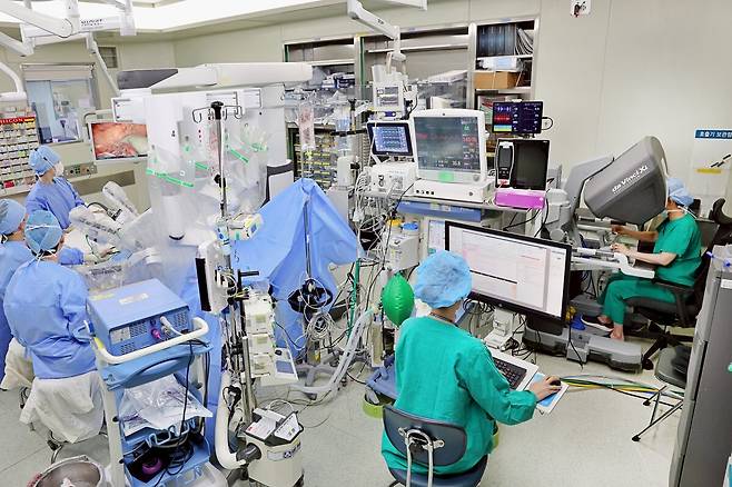 박인자 서울아산병원 대장항문외과 교수(대장암센터소장, 오른쪽 첫 번째)가 직장암 환자 로봇수술을 시행하고 있다. 서울아산병원 제공