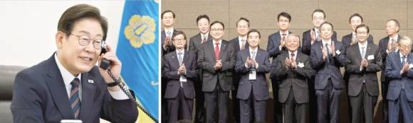 과거 반일 발언을 자주 했던 이재명 대통령에 대한 우려와 이 대통령 특유의 실용주의에 대한 기대가 교차하는 시점이다. 왼쪽 사진은 지난 9일 이 대통령이 이시바 시게루 일본 총리와 첫 통화를 하는 모습. 오른쪽 사진은 지난달 27일 서울 중구 롯데호텔에서 열린 ‘제57회 한일경제인회의’ 개회식. 연합뉴스