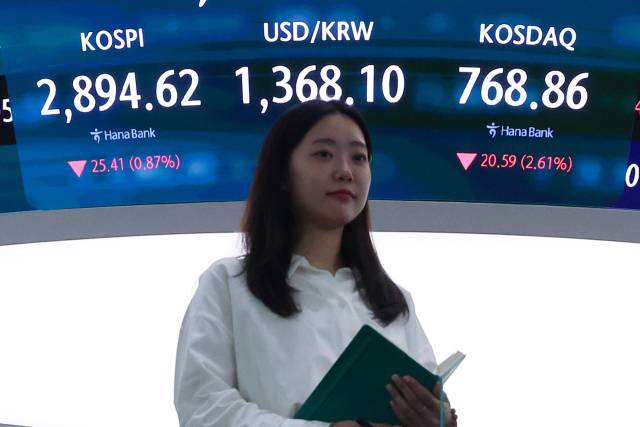 13일 서울 중구 하나은행 본점 딜링룸 현황판에 코스피, 원·달러 환율, 코스닥 지수가 표시돼 있다. 연합뉴스