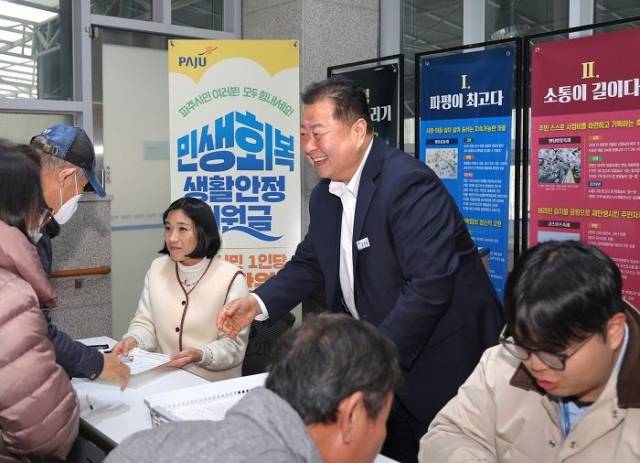 김경일 파주시장이 민생회복 생활안정 지원금 현장을 점검하고 있다. 사진 제공=파주시