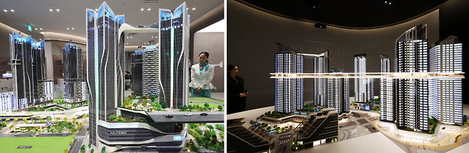 서울 용산구 베르가모에 개관한 포스코이앤씨의 홍보관(왼쪽)과 HDC현대산업개발의 홍보관 ⓒ연합뉴스