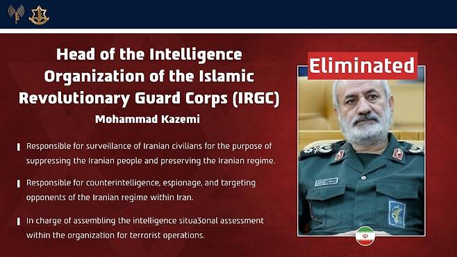 모하마드 카제미 이슬람혁명수비대(IRGC) 정보사령관 [이스라엘군 제공. 재판매 및 DB 금지]
