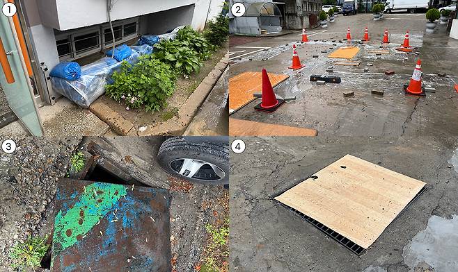 1.&nbsp;16일 코스모스 아파트 반지하 창문 앞에는 호우에 의한 침수를 막기 위해 모래주머니가 쌓여있다. 2.&nbsp;16일 오전 10시 30분경 대전 서구 코스모스 아파트에서는 2020년 수해 발생 이후에도 아직까지 공사가 진행중이다. 3.&nbsp;16일 비가 오는 날에도 코스모스 아파트의 방재 시설 곳곳에는 철로 된 덮개가 가로막고 있었다.&nbsp;4.&nbsp;16일 코스모스 아파트의 배수로는 대부분 철 덮개, 비닐 등으로 막혀있다. 사진=권오선 기자&nbsp;kos@cctoday.co.kr