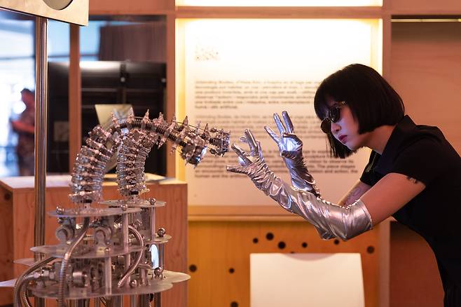 스페인 바르셀로나 피라 몬주익에서 열린 '소나르+D’ 행사에서 관객이 한국 작가 김휘아의 작품을 체험하고 있다. 뱀처럼 유연하게 움직이는 로봇 다리가 카메라와 알고리즘을 통해 관객을 인식한다.  /ⓒAndreu Picher García, 아트코리아랩 제공