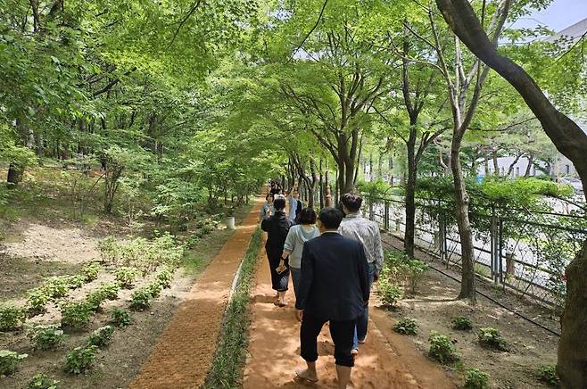 대전 한밭수목원은 최근 조성된 황톳길 맨발 걷기 산책로에 하루 평균 1000여 명이 다녀간다고 16일 밝혔다. 사진은 시민들이 황톳길을 맨발로 걷는 모습. 대전시 제공